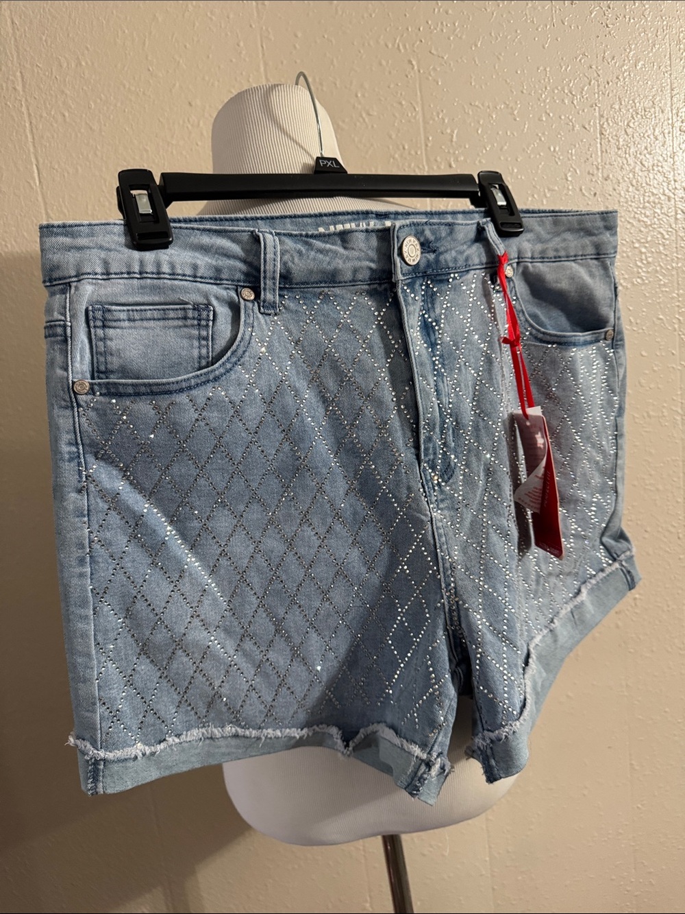 Women's Light Blue Denim Shorts with Studded Diamond Detail - Picture 5 of 8